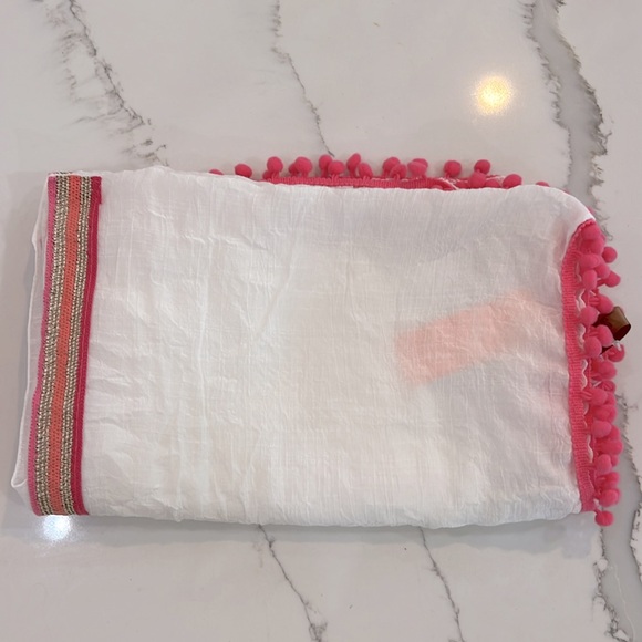 Swim Suit Coverup in White with pink and gold trim and pink Pom-pom Trim - Picture 7 of 8